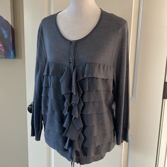 Ann Taylor large cardigan blue button down ruffles - Picture 3 of 11